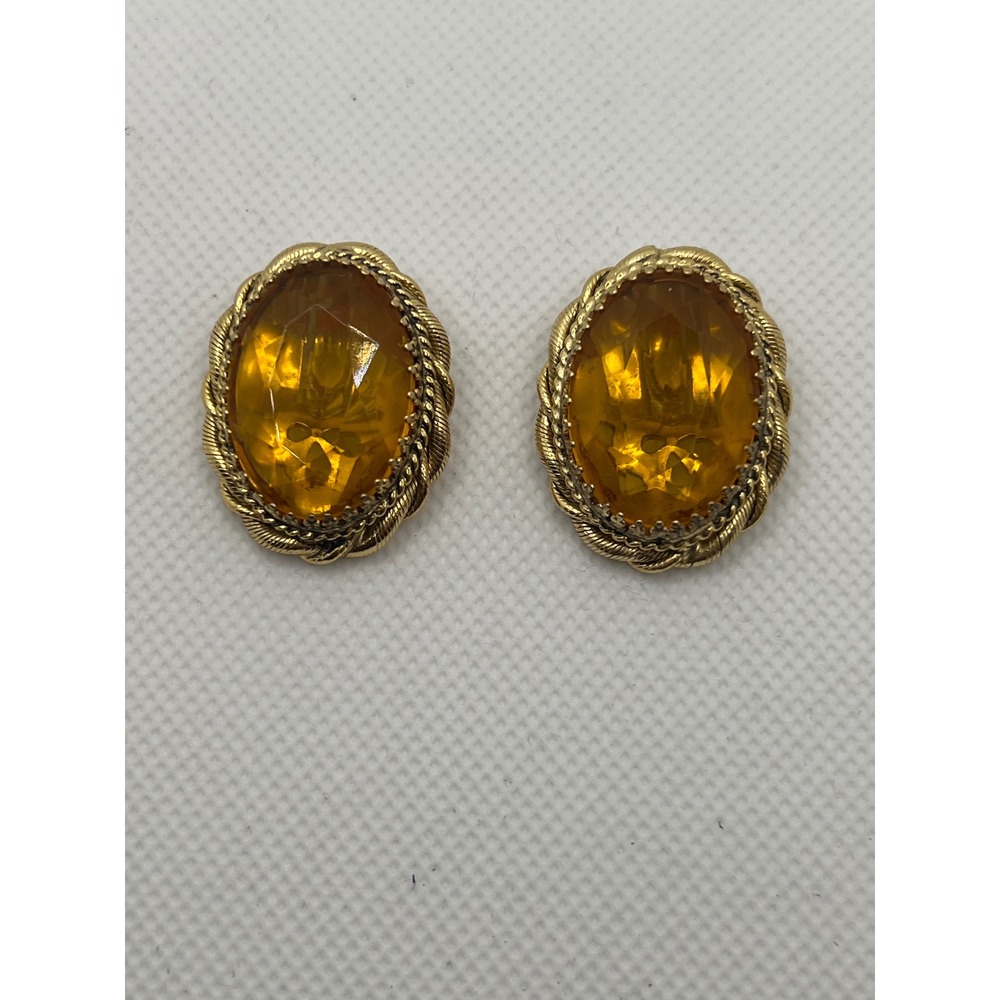 Whiting & Davis Clip On Earrings Gold Tone Oval Rope W/ Glass Faux Citrine Vtg